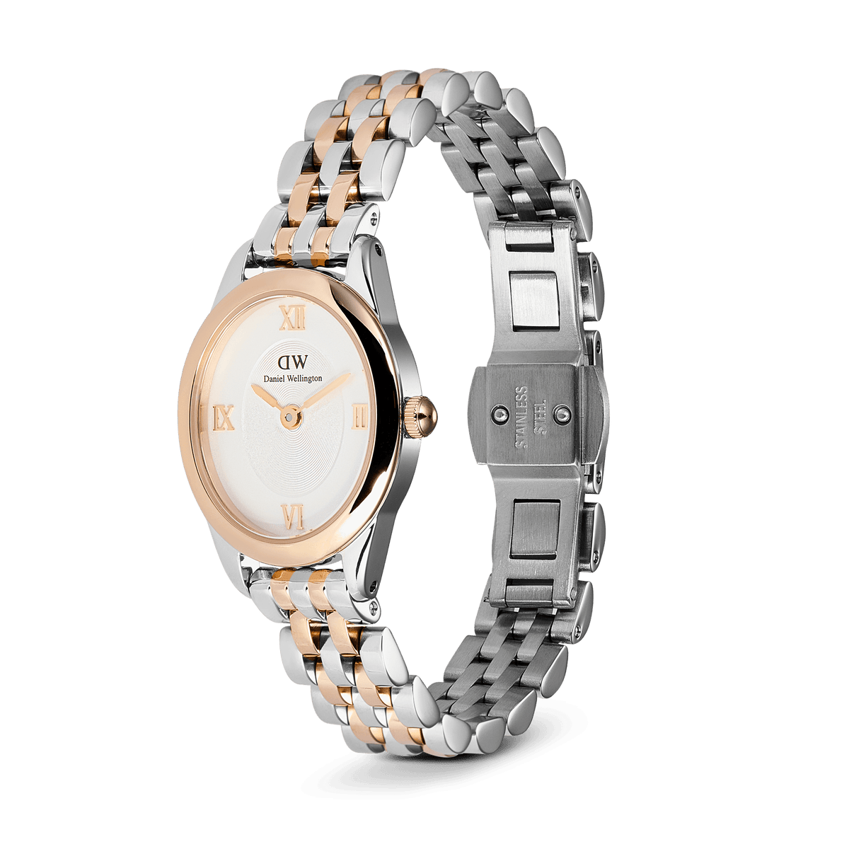 Ophelia Mini Two-Tone Rose Gold watch with an oval white dial, rose gold Roman numerals, and a polished silver and rose gold beans link bracelet, shown with an open stainless steel butterfly clasp.