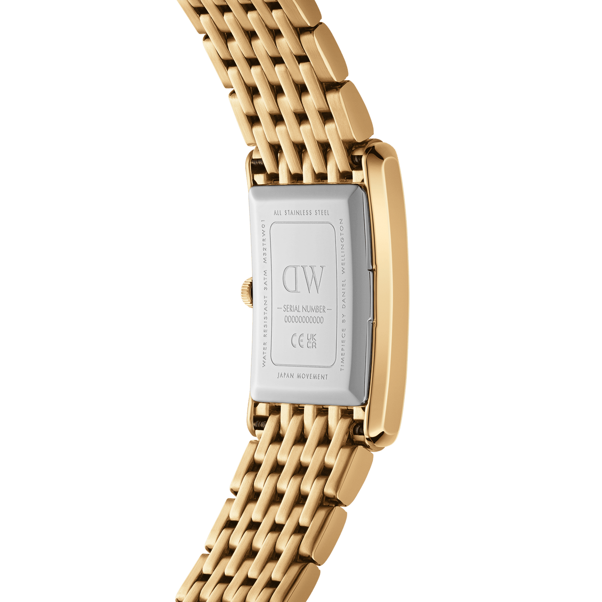 Back view of Bound 9-Link Gold women’s watch showing stainless steel case and gold rectangular link bracelet.