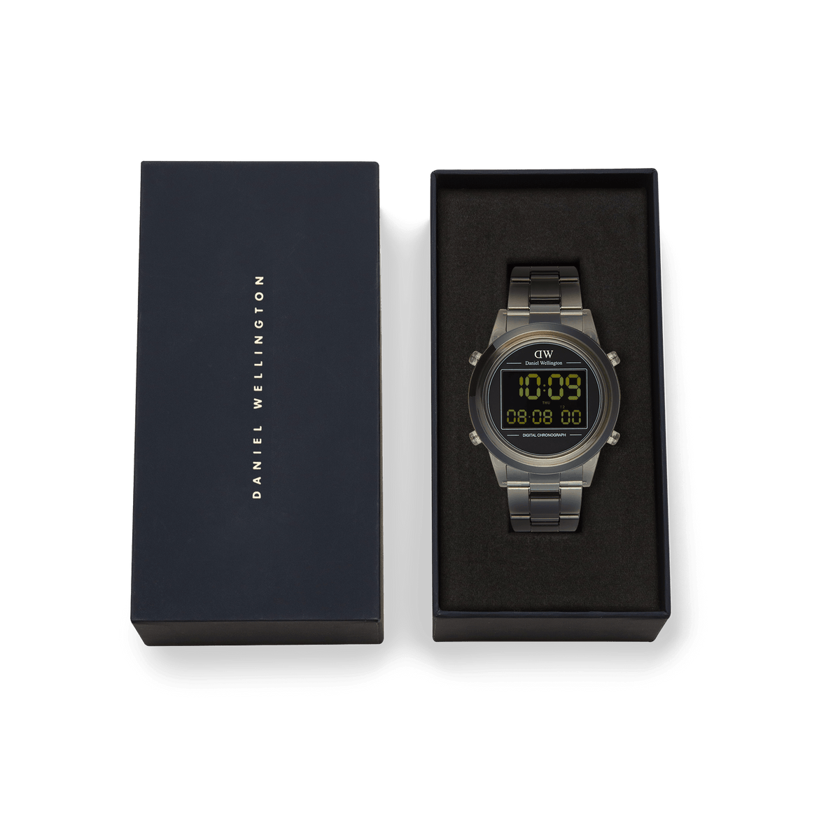 Daniel Wellington Retro Digital Dark Grey watch with a stainless steel link strap, presented in its branded gift box.