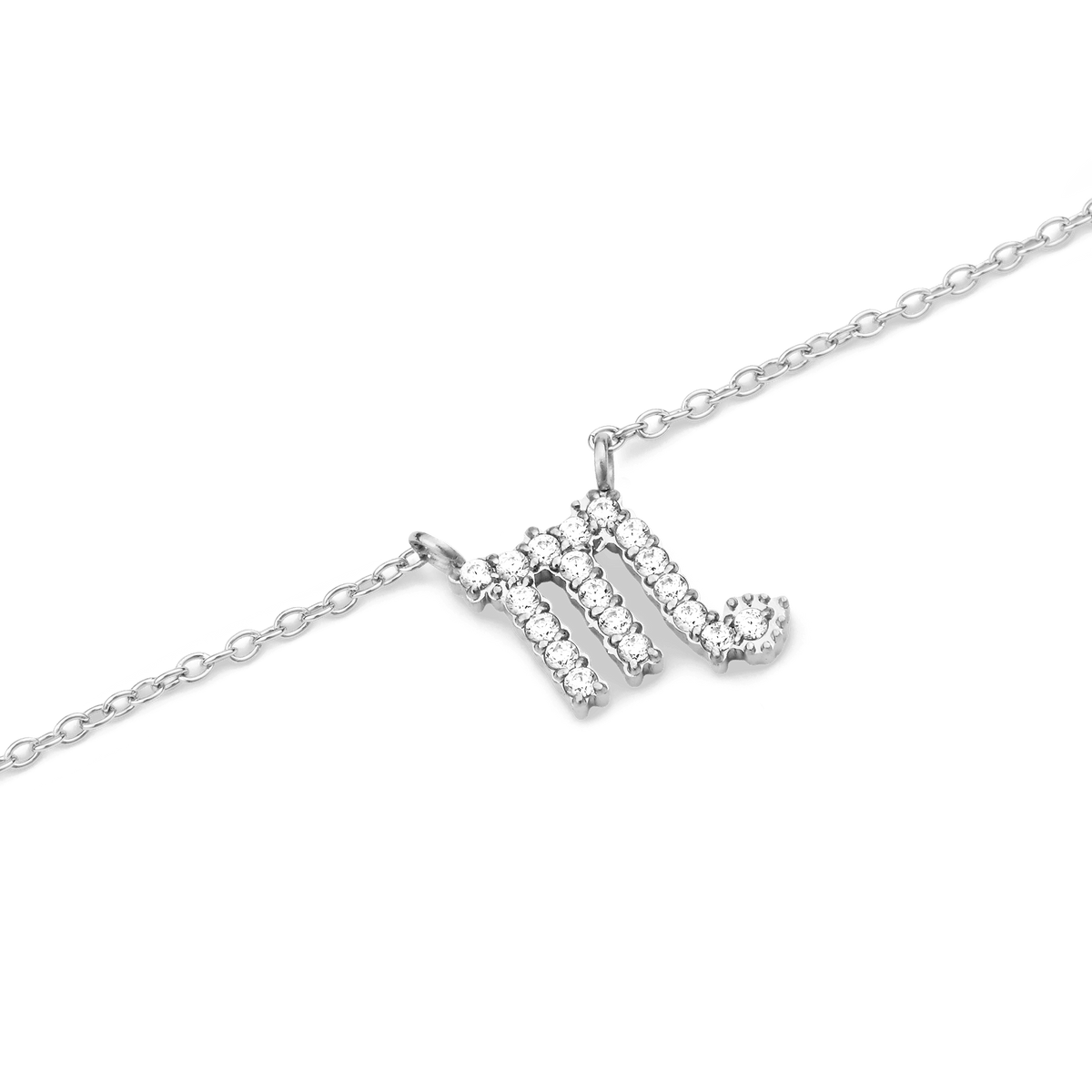 Crystal Zodiac Chain Necklace Silver featuring a Scorpio pendant adorned with hand-set sparkling crystals on a fine silver chain.