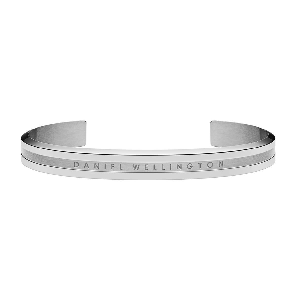 Polished silver Daniel Wellington Elan Bracelet featuring a minimalist cuff design with a brushed centre band and engraved logo.