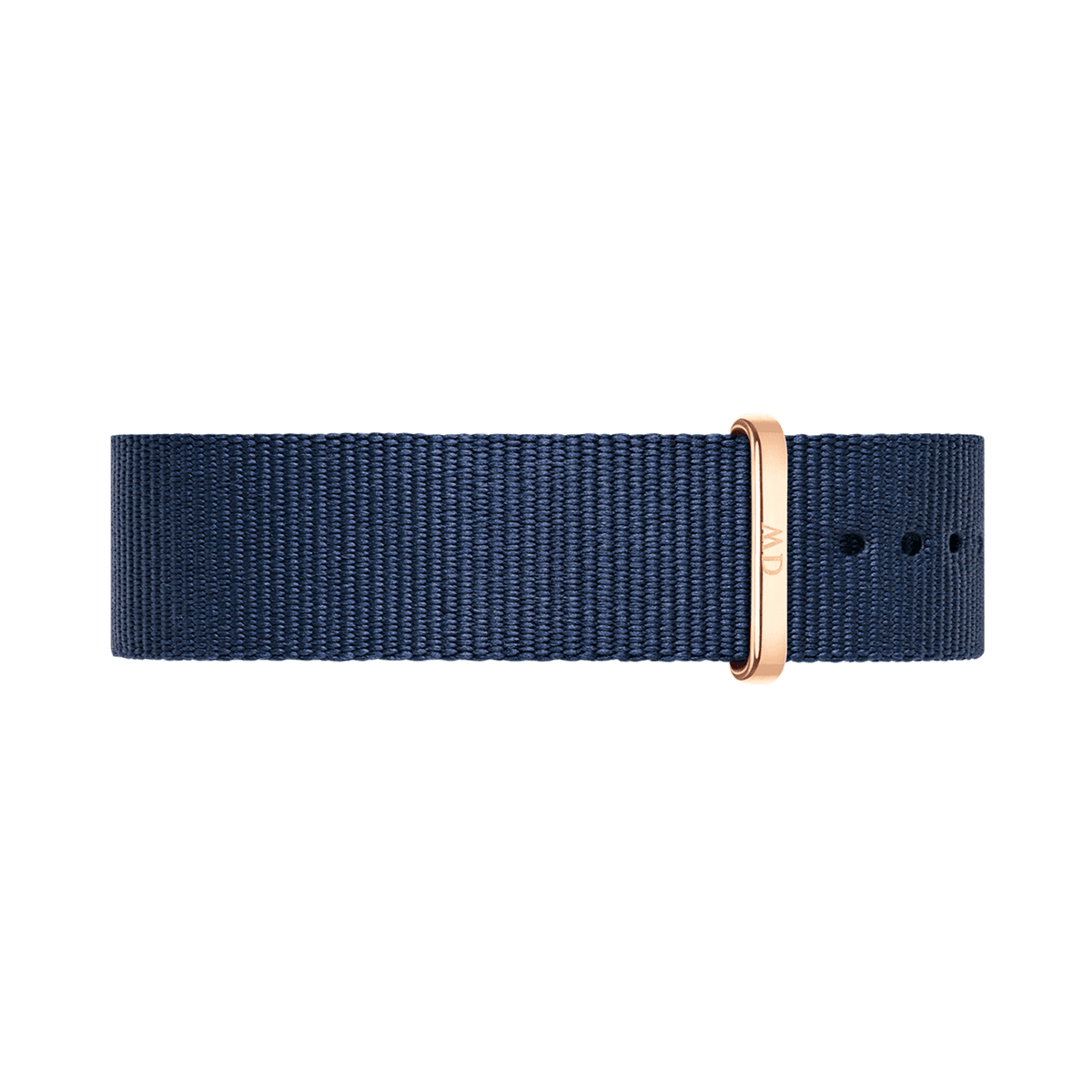 Midnight blue polyester NATO watch strap with polished rose gold buckle and keeper, featuring adjustable holes and a refined, minimalist design.