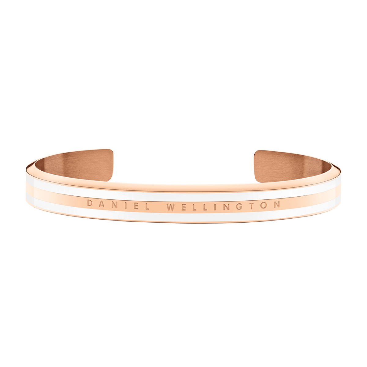 Minimalist Emalie Slim Bracelet in polished rose gold with a satin white enamel stripe and Daniel Wellington branding engraved on the outer edge.