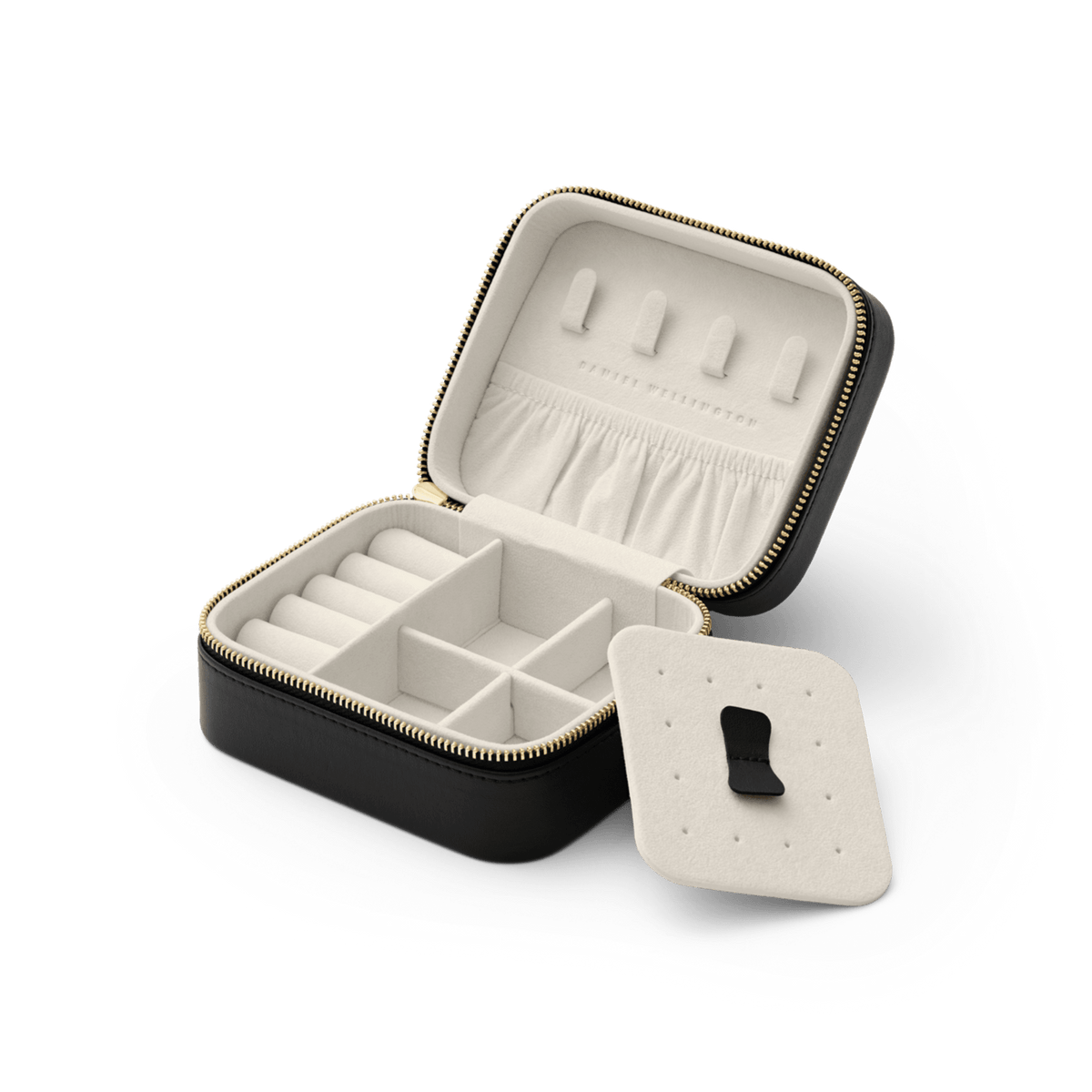 Black travel jewellery box with gold zip, featuring multiple compartments, a soft light interior, and a removable insert for organising rings, earrings, necklaces, and watches.