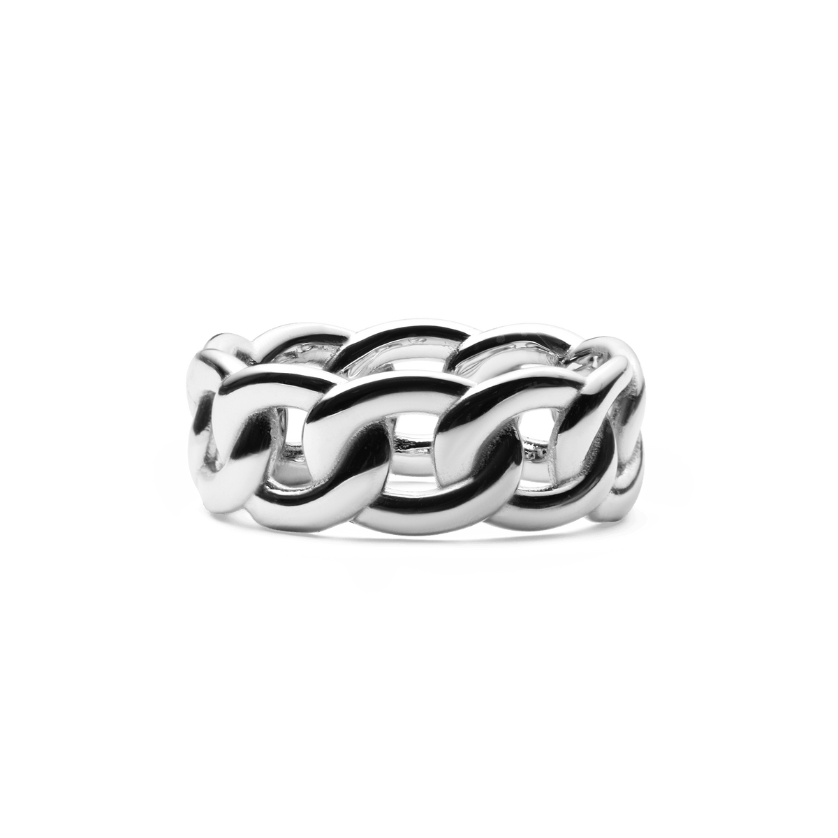 Polished silver chunky chain ring featuring bold, interlocking sculptural links with a smooth, reflective finish, designed for a modern and timeless look.