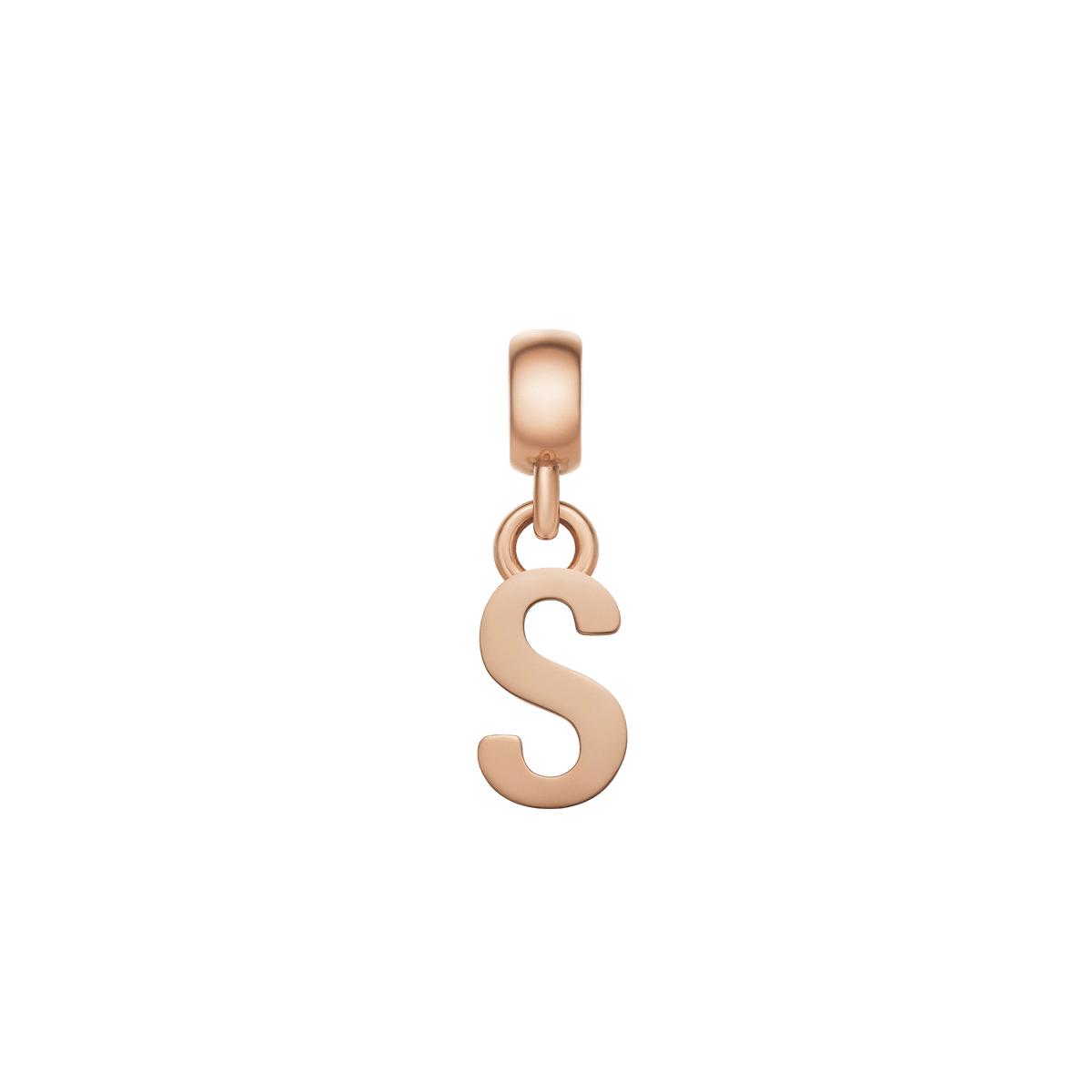Rose gold letter S charm with a smooth, polished surface and contemporary minimalist design, ideal for adding a personalised accent to bracelets or necklaces.