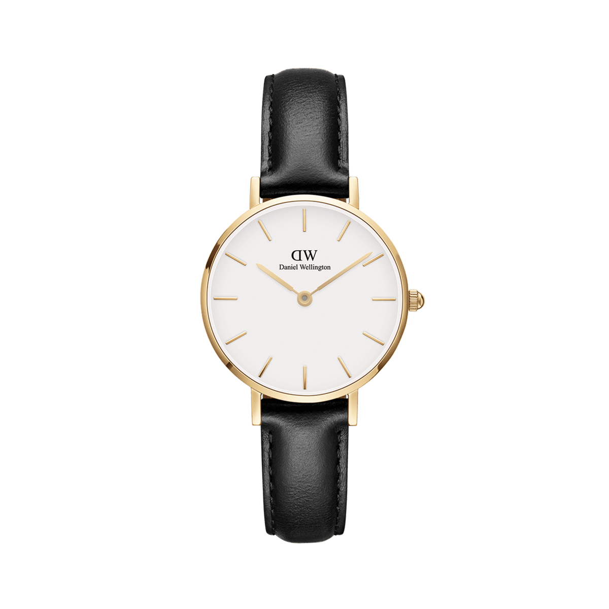 Daniel Wellington Petite Sheffield Gold women’s watch with gold case, white minimalist dial, and black leather strap.