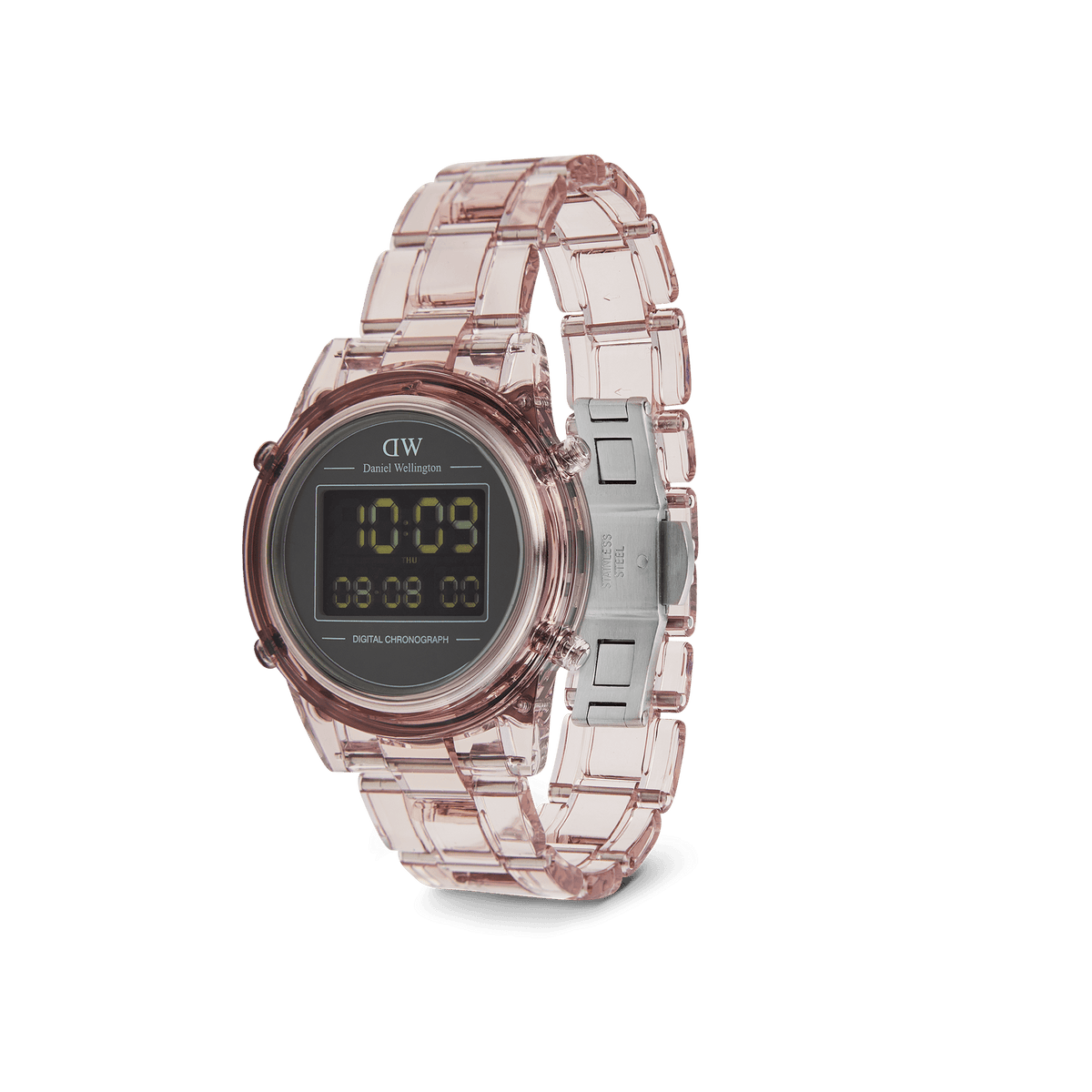 Retro Digital Dark Pink women’s watch with a transparent pastel pink bio-based plastic strap, stainless steel butterfly buckle, and a black digital dial showing dual time and chronograph functions.