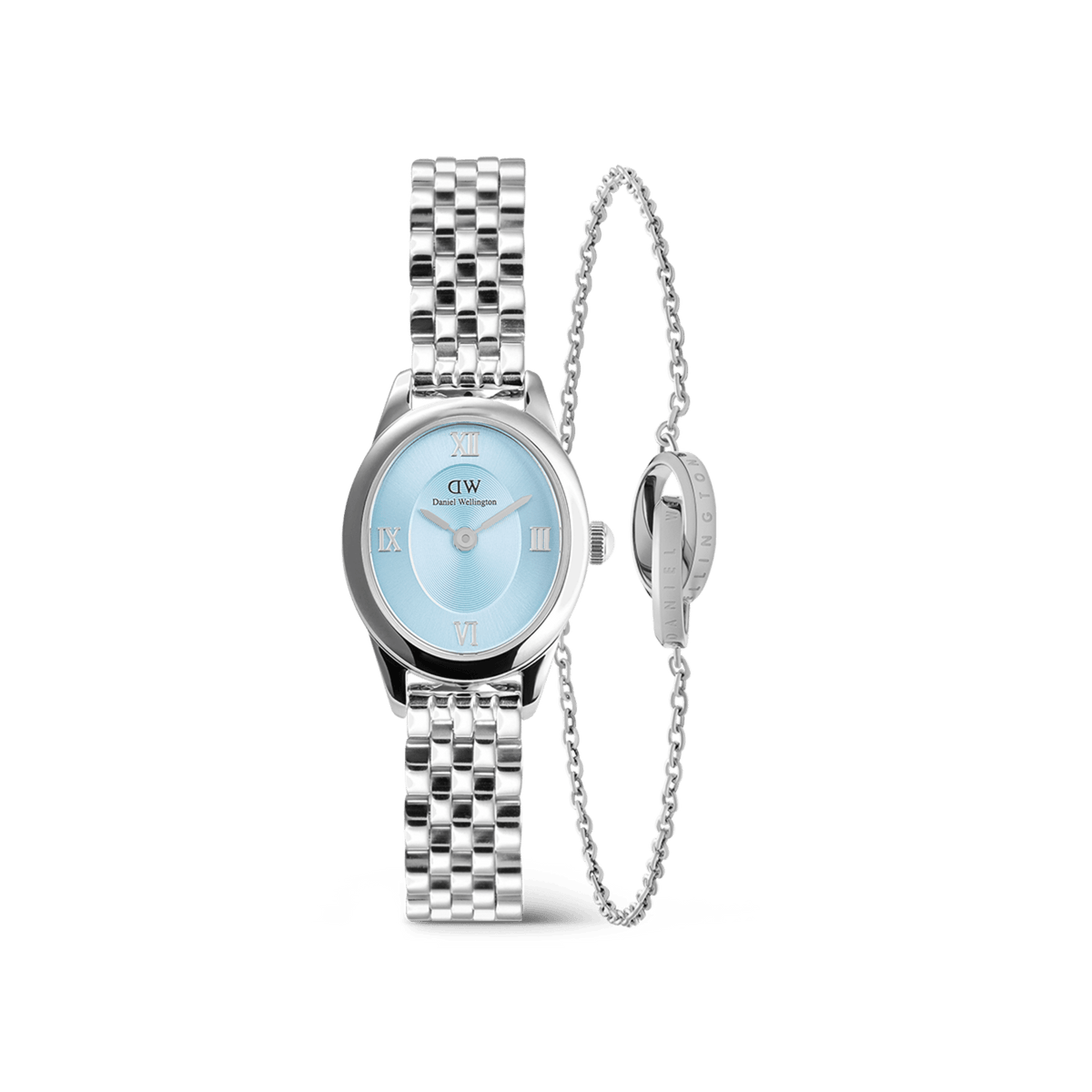 Silver Daniel Wellington Ophelia Mini watch with ice blue dial and matching Elan Unity twisted silver bracelet set.