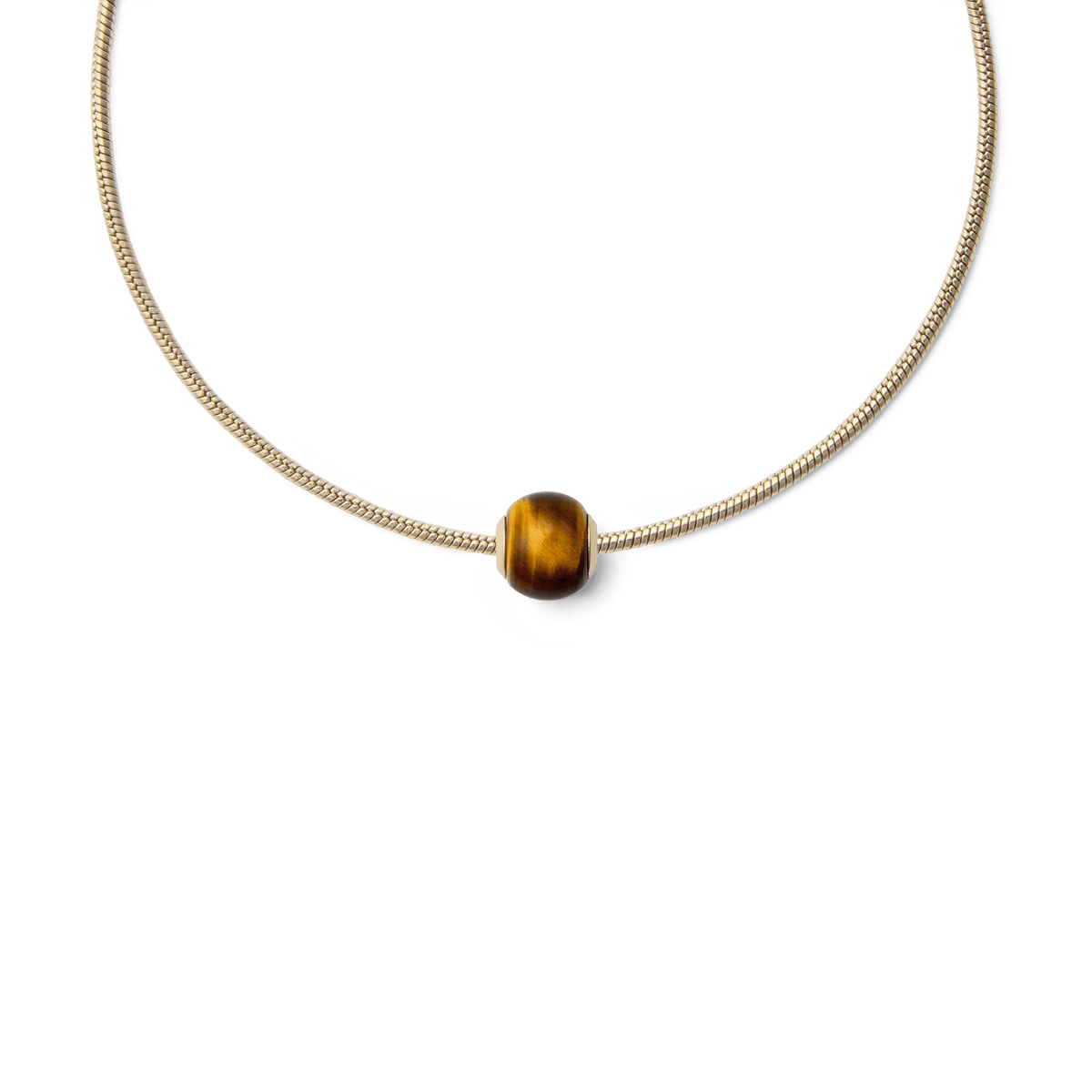 Tiger eye Orb Gold charm with a polished golden-brown semi-precious stone, threaded onto a sleek gold snake chain necklace for a refined, natural accent.
