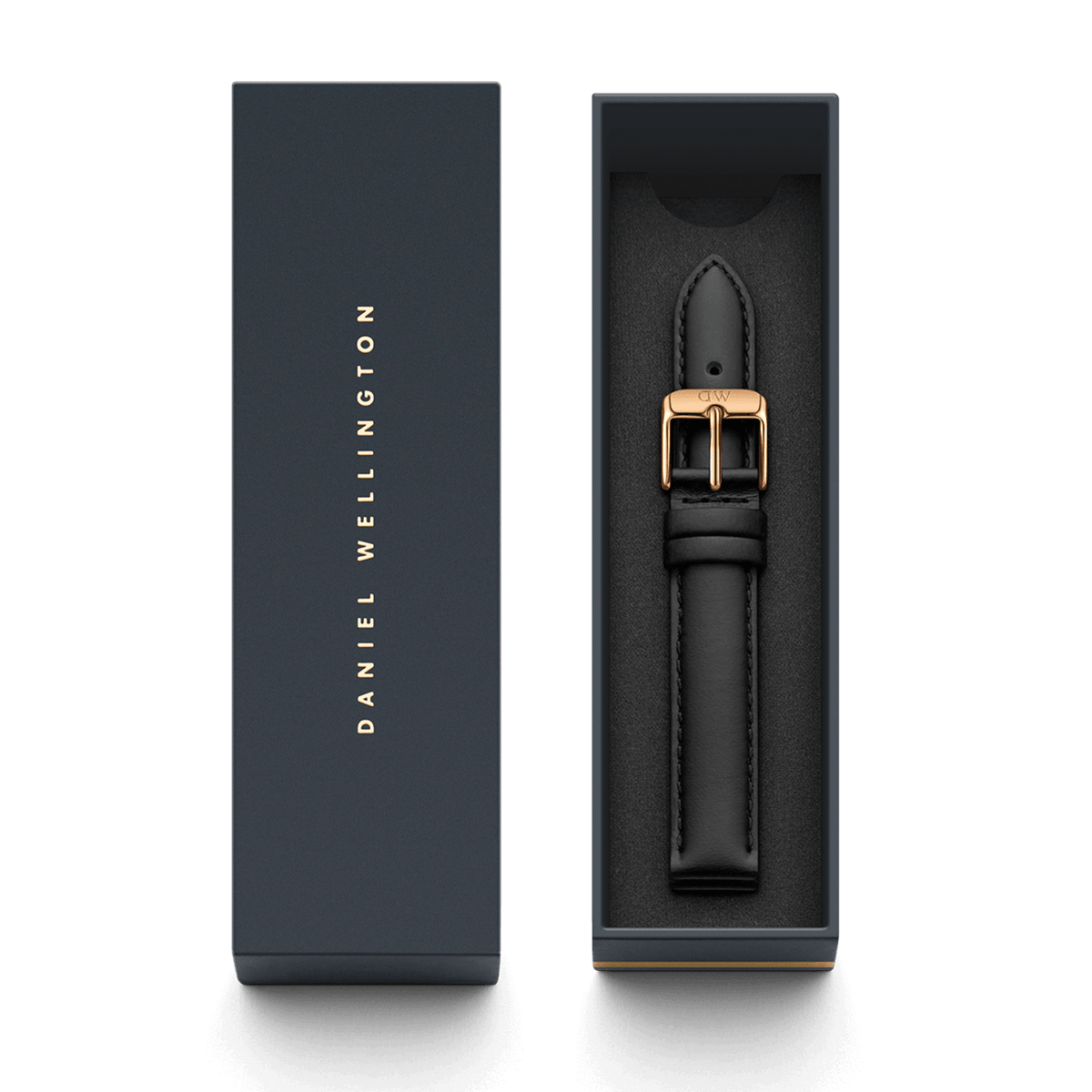 Sheffield Strap Rose Gold presented in a Daniel Wellington gift box, featuring smooth black Italian leather and a polished rose gold buckle for a refined and elegant watch upgrade.