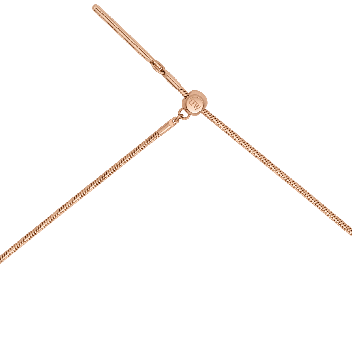 Close-up of the Charms Snake Necklace RG showing the polished rose gold snake chain and adjustable sliding clasp with engraved detail, highlighting its refined finish and modern design.