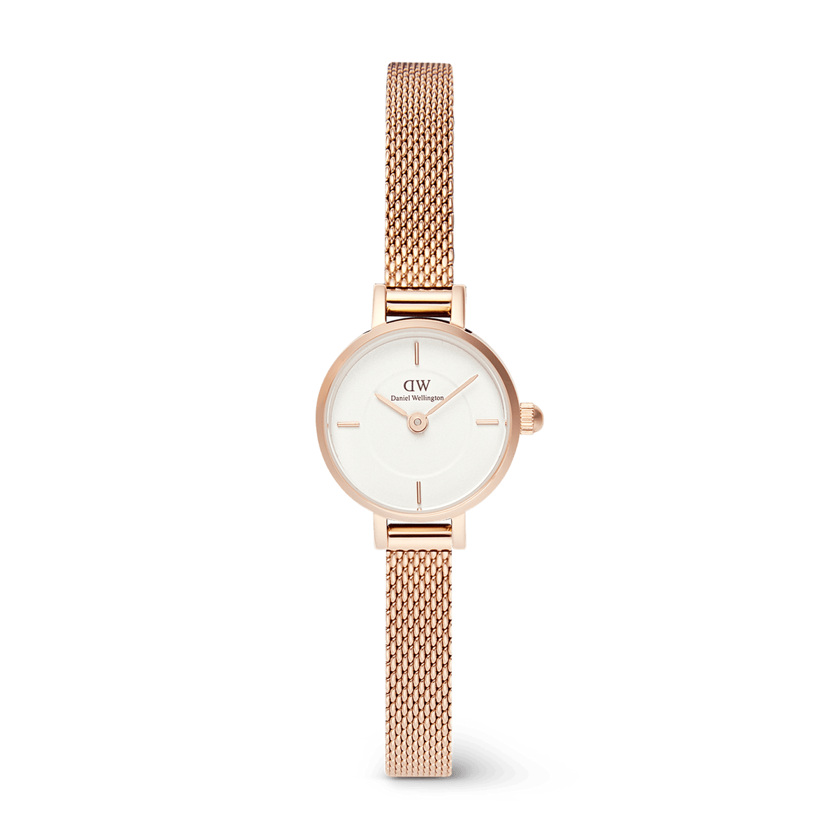 Petite Mini Melrose women’s watch with a slim 19mm round white dial, rose gold mesh strap, and minimalist detailing, designed for small wrists and elegant everyday wear.