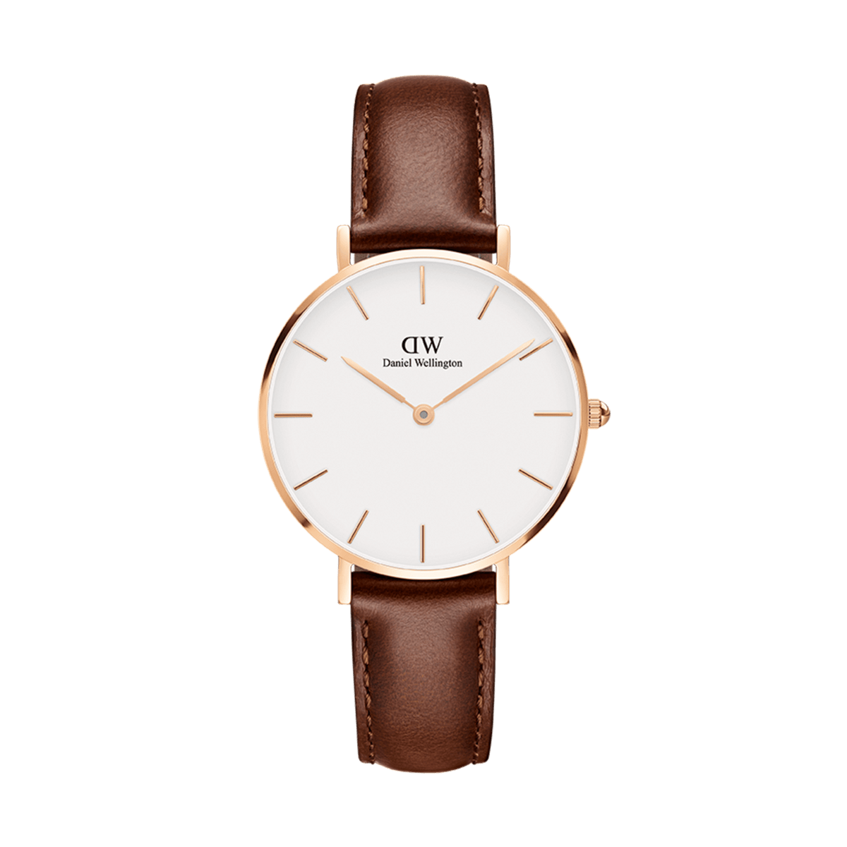 Daniel Wellington Petite St Mawes Rose Gold women’s watch with white dial, rose gold case, and brown Italian leather strap.