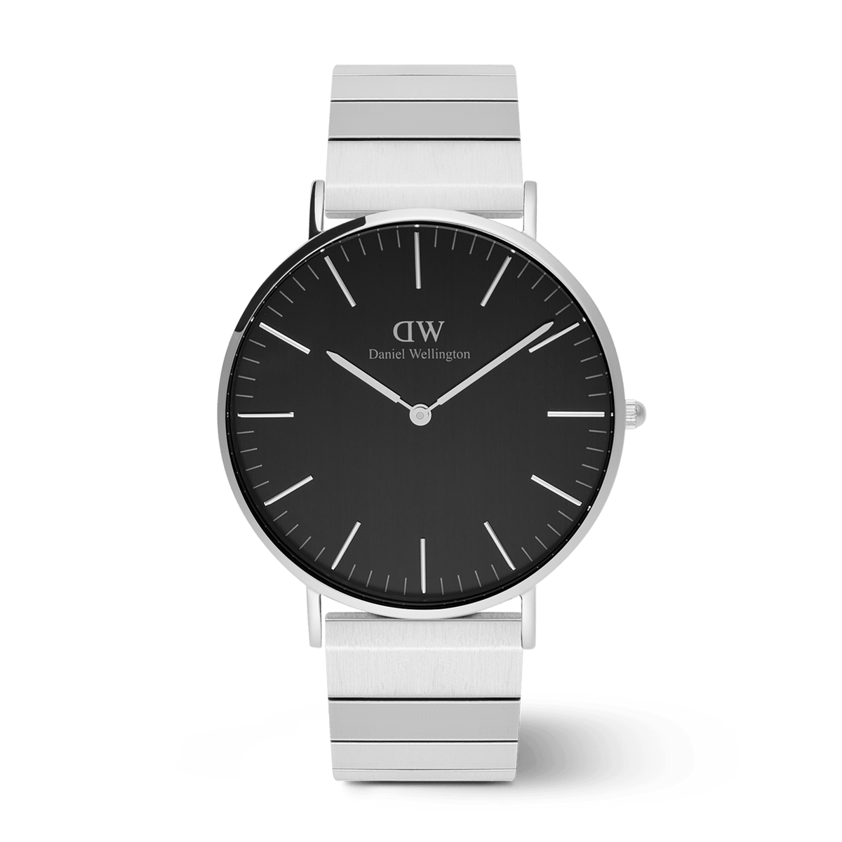 Classic Daniel Wellington watch with a brushed onyx black dial and a distinctive silver piano link strap, featuring minimalist hour markers and a sleek stainless steel finish.