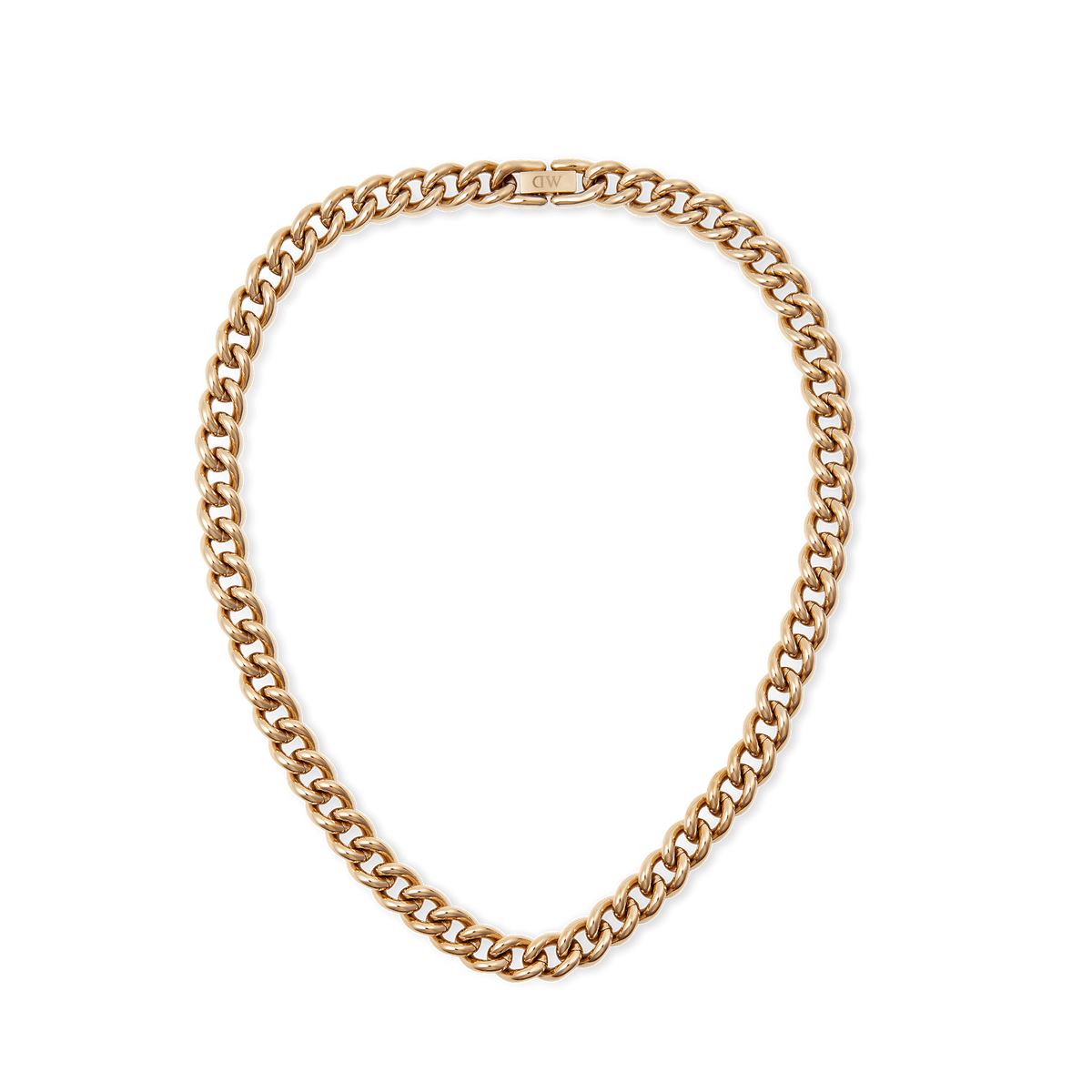 Chunky rose gold chain necklace with rounded curb links and a polished finish, featuring a secure fold-over clasp and subtle branding detail.