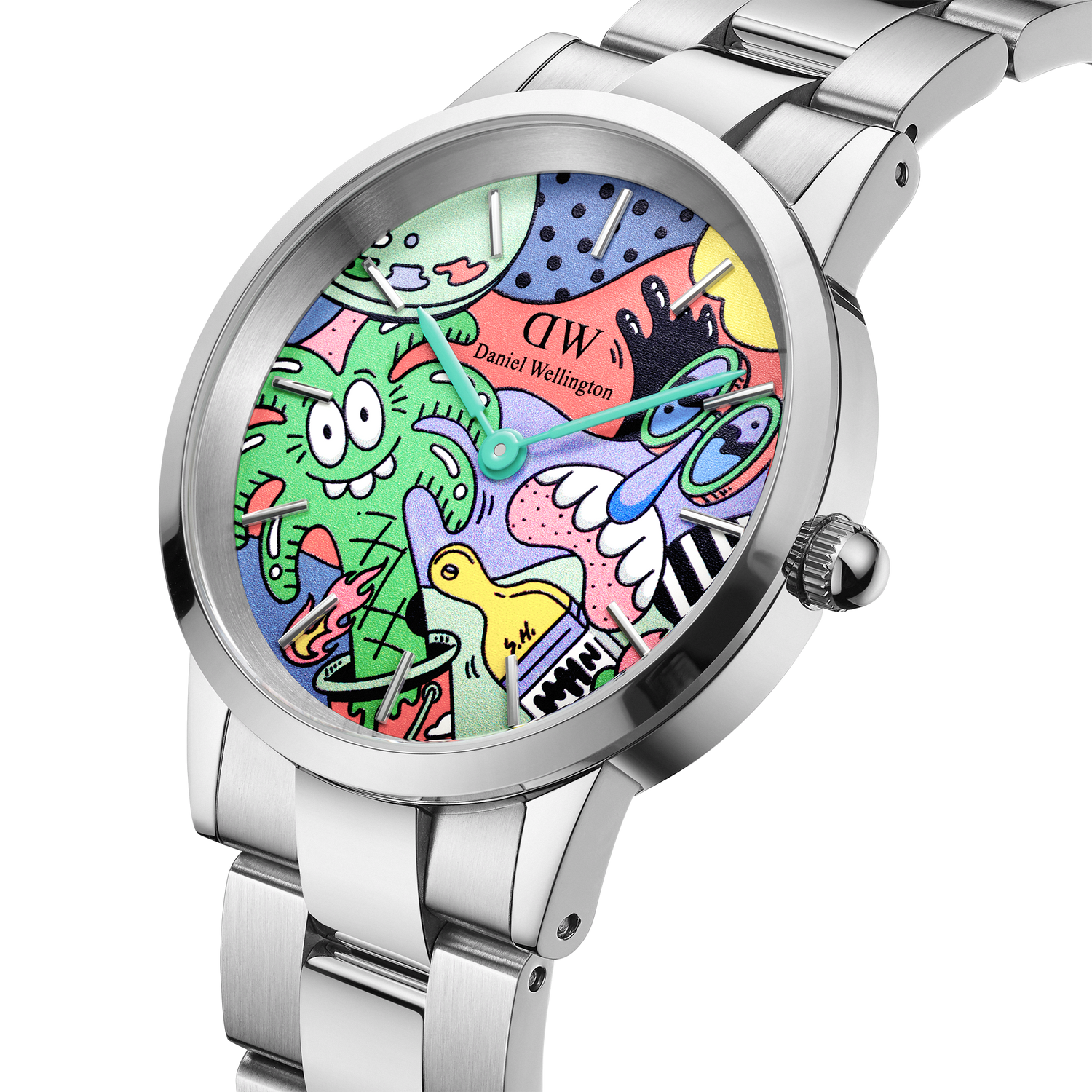 Daniel Wellington limited edition watch featuring a polished silver link bracelet and a colourful Steven Harrington illustrated dial with playful, abstract characters.