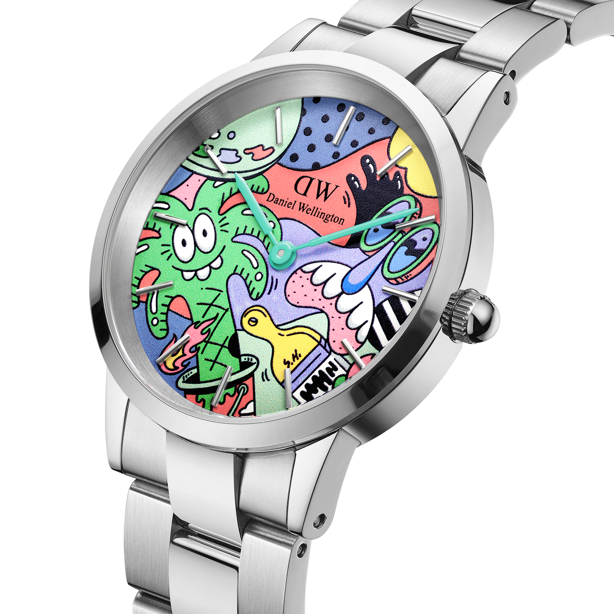 Steven Harrington x Daniel Wellington Iconic Link Multicolor Silver watch with a stainless steel strap, featuring a colourful dial decorated with bold, playful illustrations and turquoise hands for a contemporary artistic look.