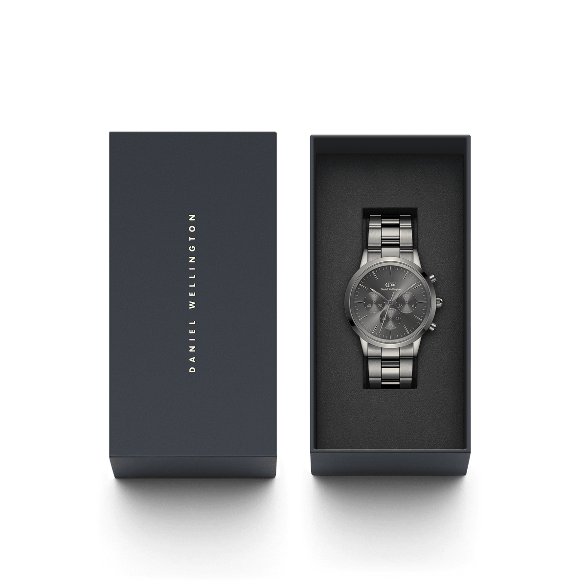 Daniel Wellington Iconic Chronograph Link Graphite watch presented in a signature dark gift box, featuring a brushed stainless steel bracelet and monochrome graphite dial.