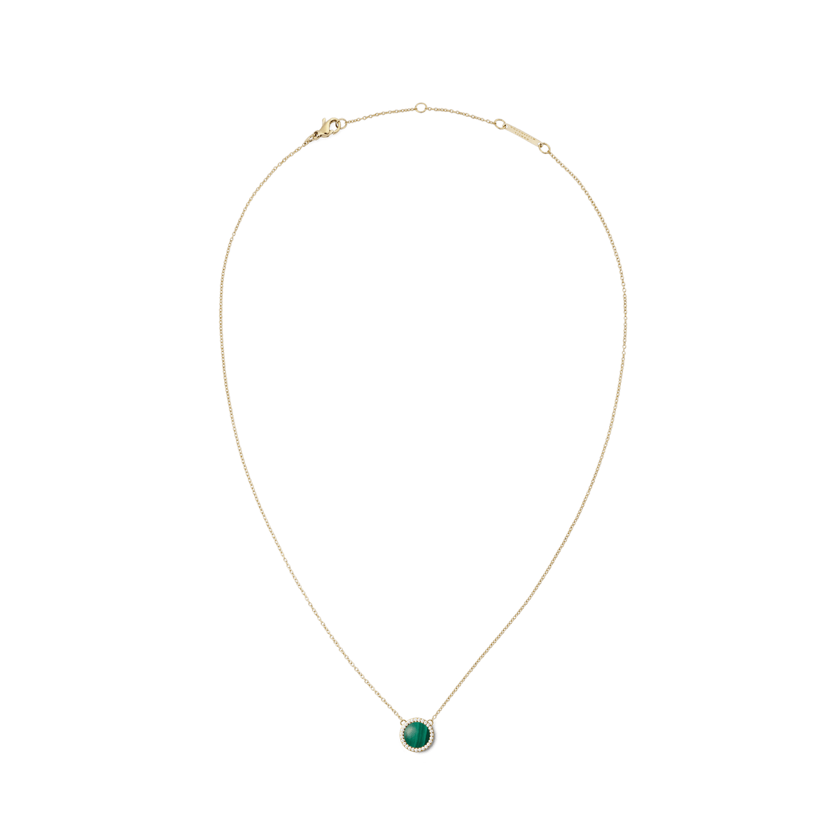 Gold necklace featuring a fine adjustable chain and a central domed malachite pendant, encircled by a delicate row of white cubic zirconia crystals for an elegant, timeless look.