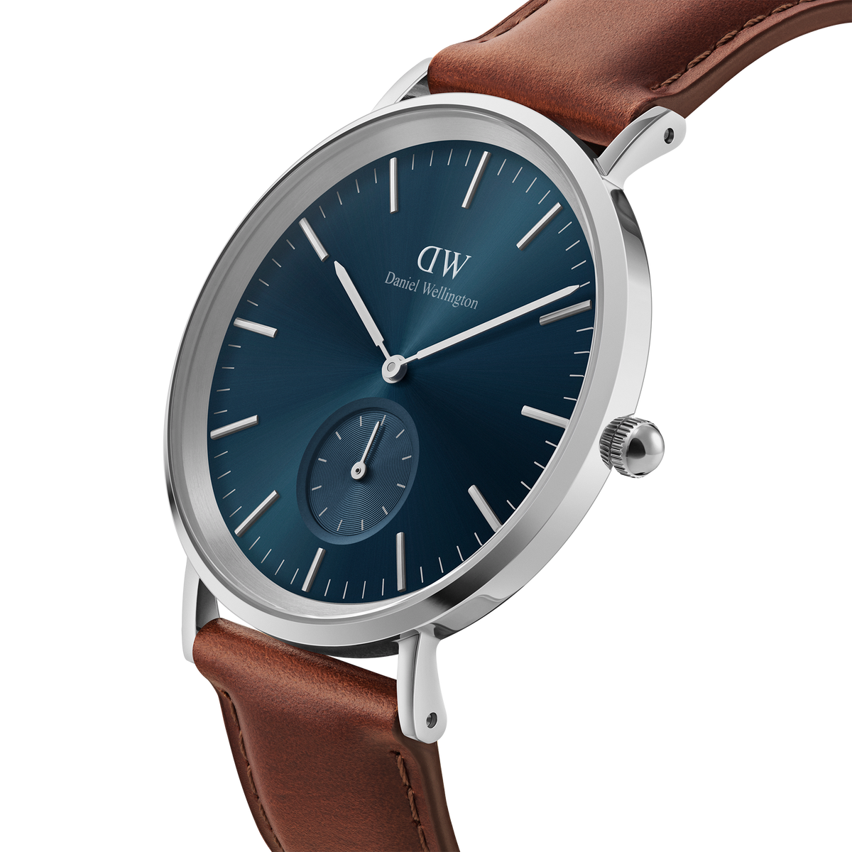 Daniel Wellington Classic Multi-Eye St Mawes Arctic Silver watch with a polished silver case, deep blue dial, subdial, and a brown leather strap.