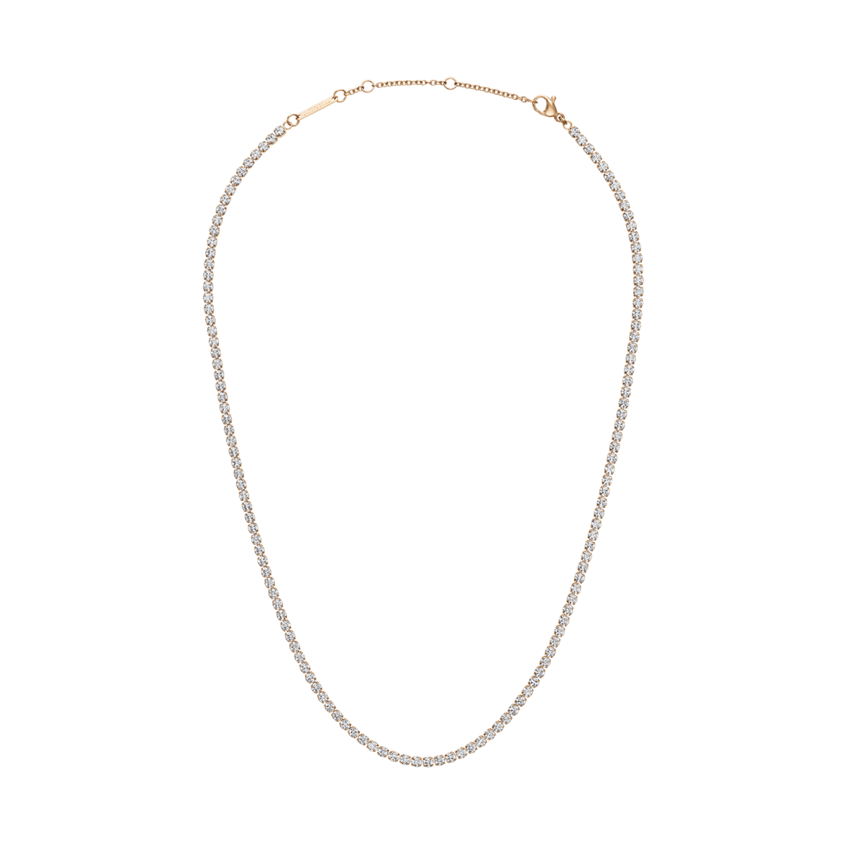 Rose gold tennis necklace featuring a row of individually set crystals, crafted from polished stainless steel with an adjustable clasp for a tailored fit. The classic, elegant design offers a refined touch suitable for both everyday wear and special occasions.