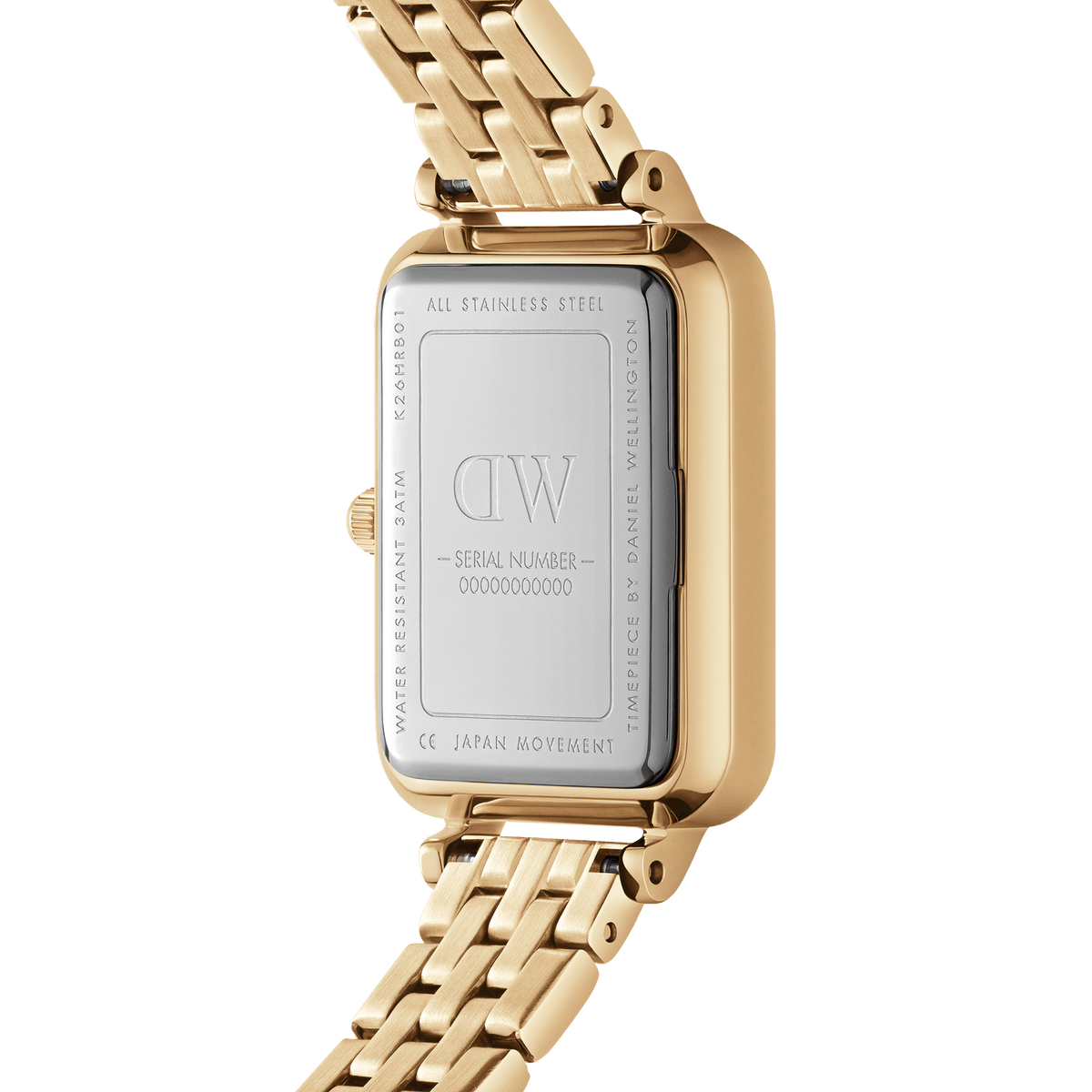 Back view of Daniel Wellington Quadro Roman Numerals 5-Link Gold watch showing stainless steel case and gold bracelet strap.