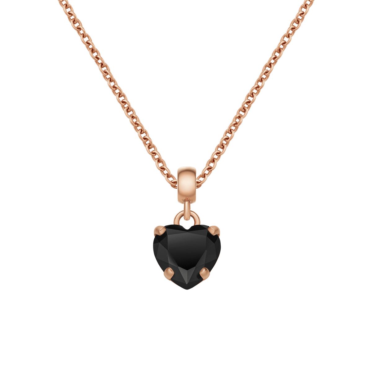 Heart Black Crystal Charm RG displayed on a rose gold chain, featuring a faceted heart-shaped black cubic zirconia set in a classic claw setting for a refined, modern look.
