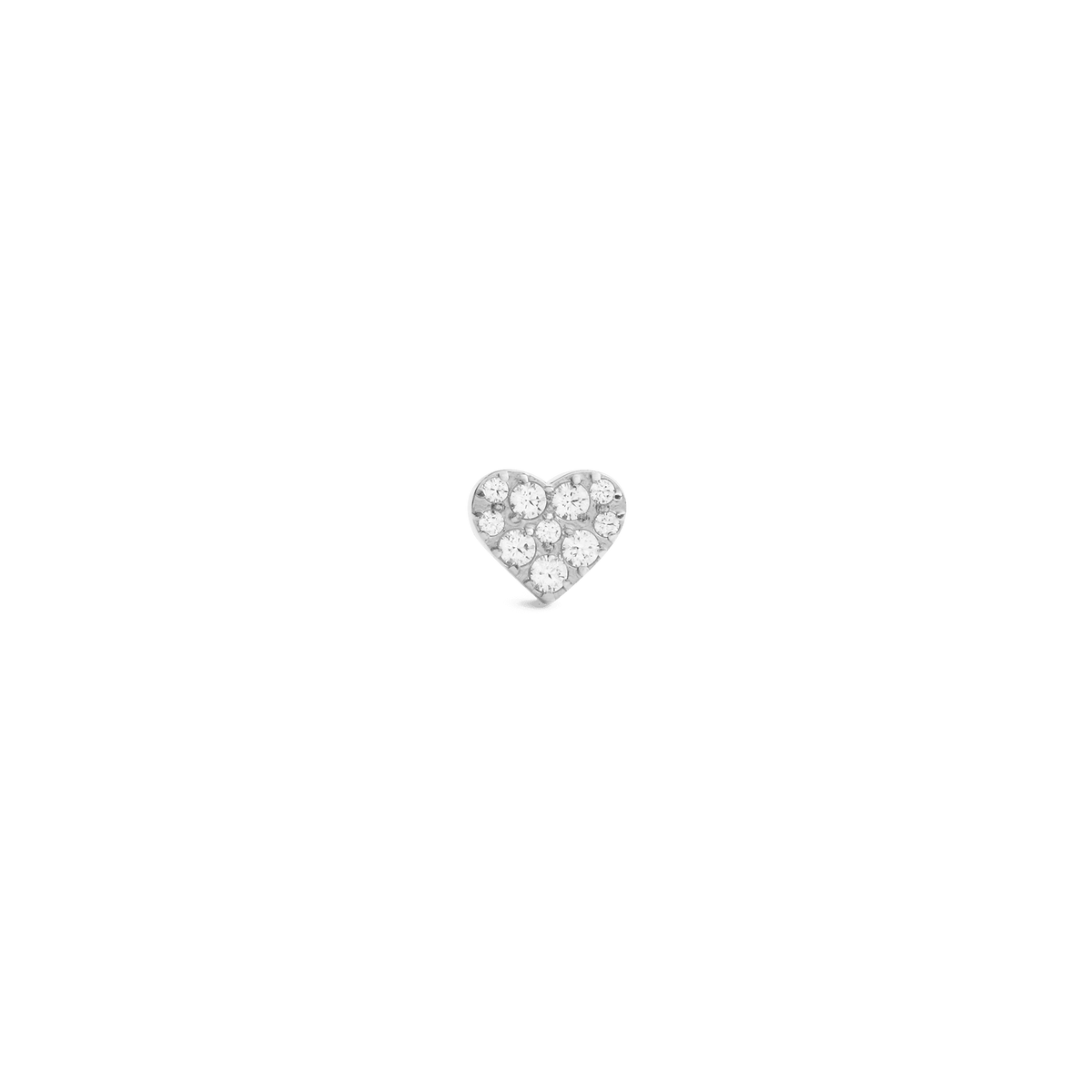 Small heart-shaped silver stud earring set with nine sparkling cubic zirconia crystals in a polished, minimalist design.