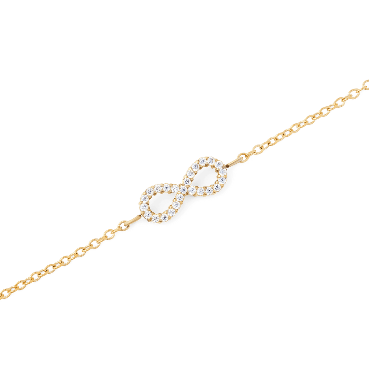 Close-up of the Mirelle Infinity Bracelet Gold, showcasing a delicate gold chain and a sparkling infinity symbol set with white cubic zirconia crystals.