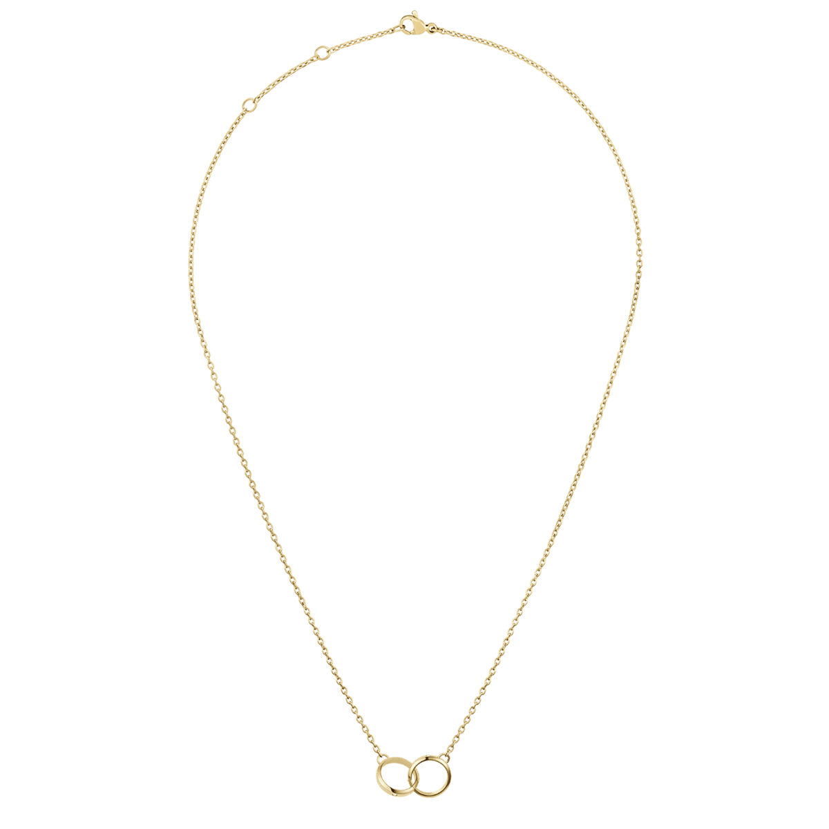 Classic Lumine Unity Gold necklace with a fine adjustable gold chain and two interlocking polished circles as the centrepiece.
