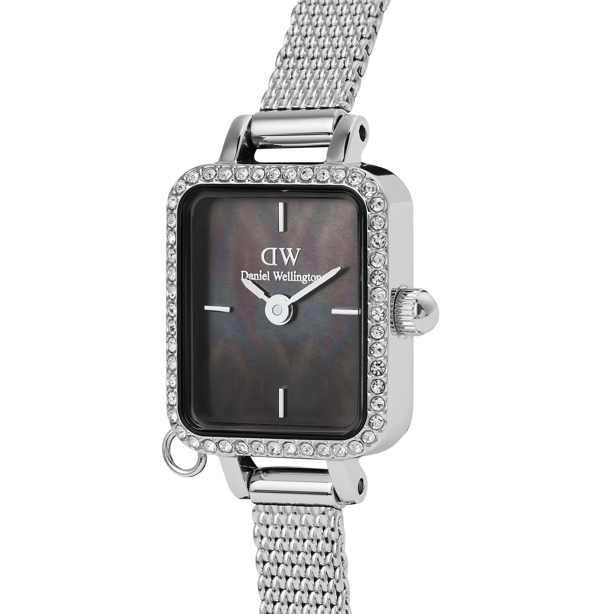 Close-up of Quadro Mini Crystal Zodiac Sterling watch with black mother of pearl dial, crystal bezel, and silver mesh strap.