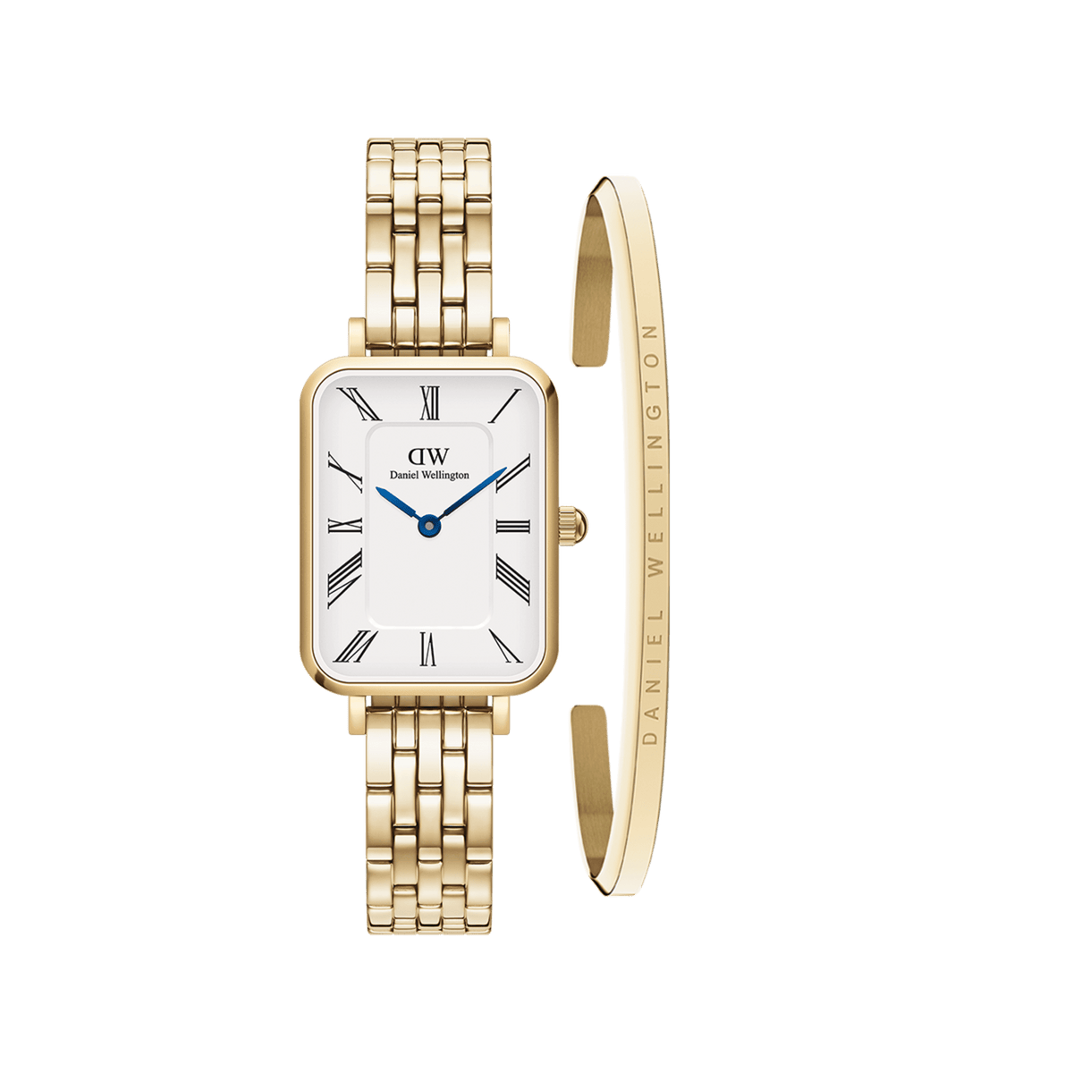 Rectangular gold watch with a five-link bracelet, white dial featuring Roman numerals and blue hands, paired with a slim gold cuff bracelet engraved with Daniel Wellington branding.