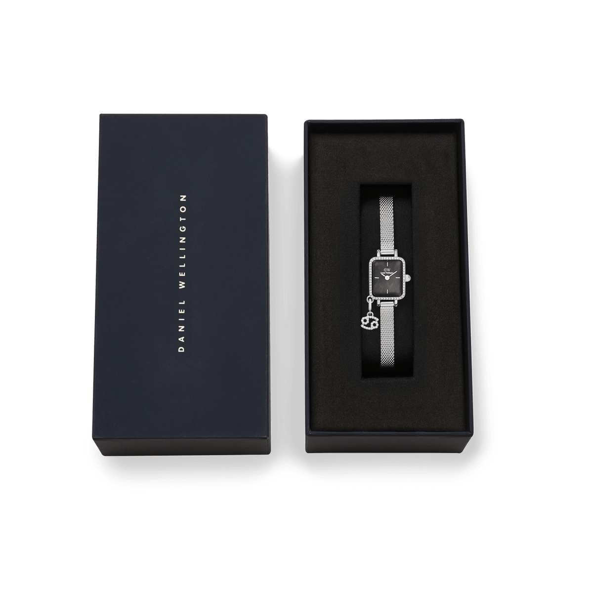 Quadro Mini Crystal Zodiac Sterling watch with silver mesh strap in Daniel Wellington gift box, featuring zodiac charm.
