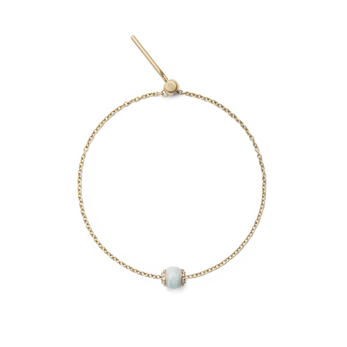 Delicate gold chain bracelet featuring the Amazonite Crystal Orb Gold Charm, with a smooth blue-green amazonite stone and sparkling crystal accents for a refined, contemporary style.