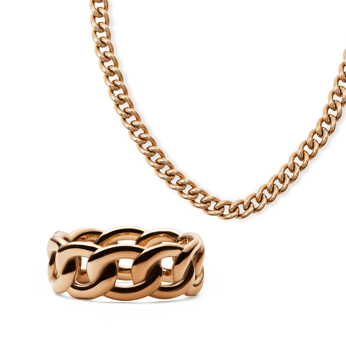 Chunky rose gold chain necklace and matching sculpted chain link ring, both featuring a bold, polished finish and contemporary design, displayed on a plain background.