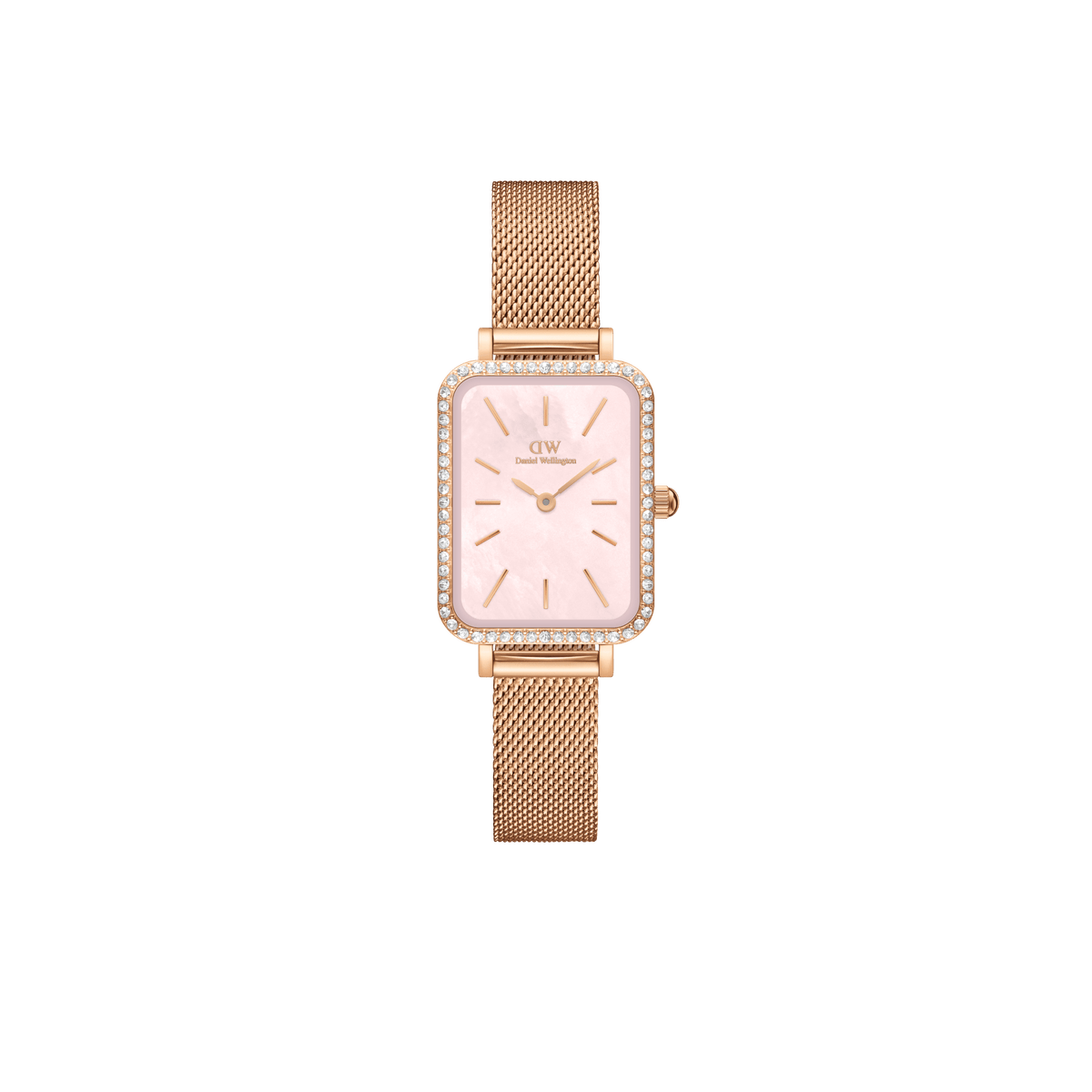 Rose gold women’s watch with a rectangular case, pink mother of pearl dial, sparkling stone-set bezel, and a matching mesh strap.