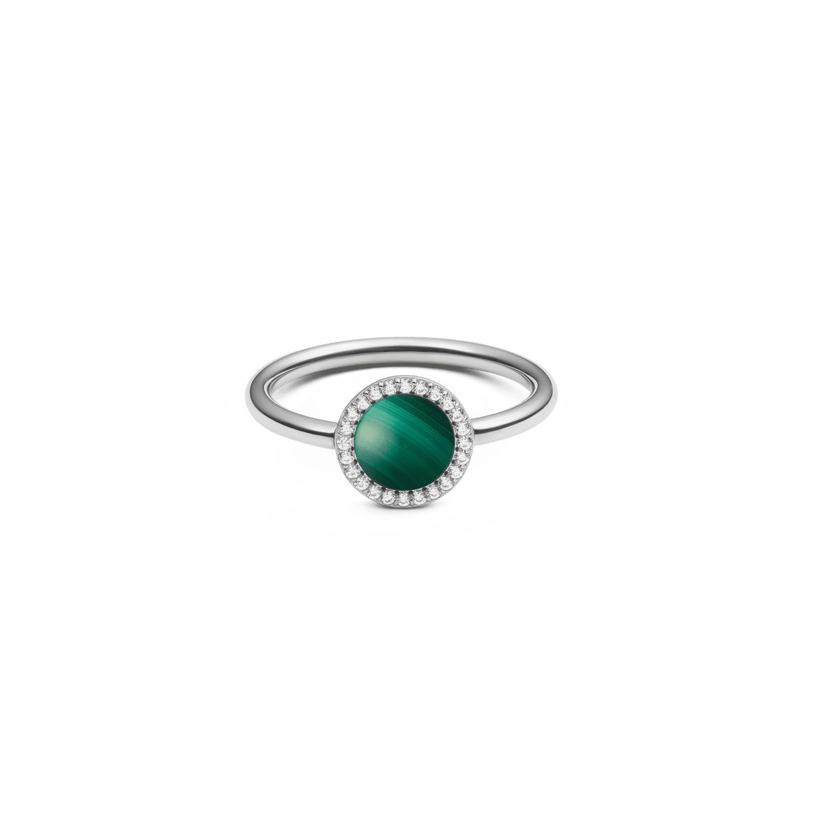 Silver ring with round green malachite centrepiece, haloed by white cubic zirconia, on a slim stainless steel band.