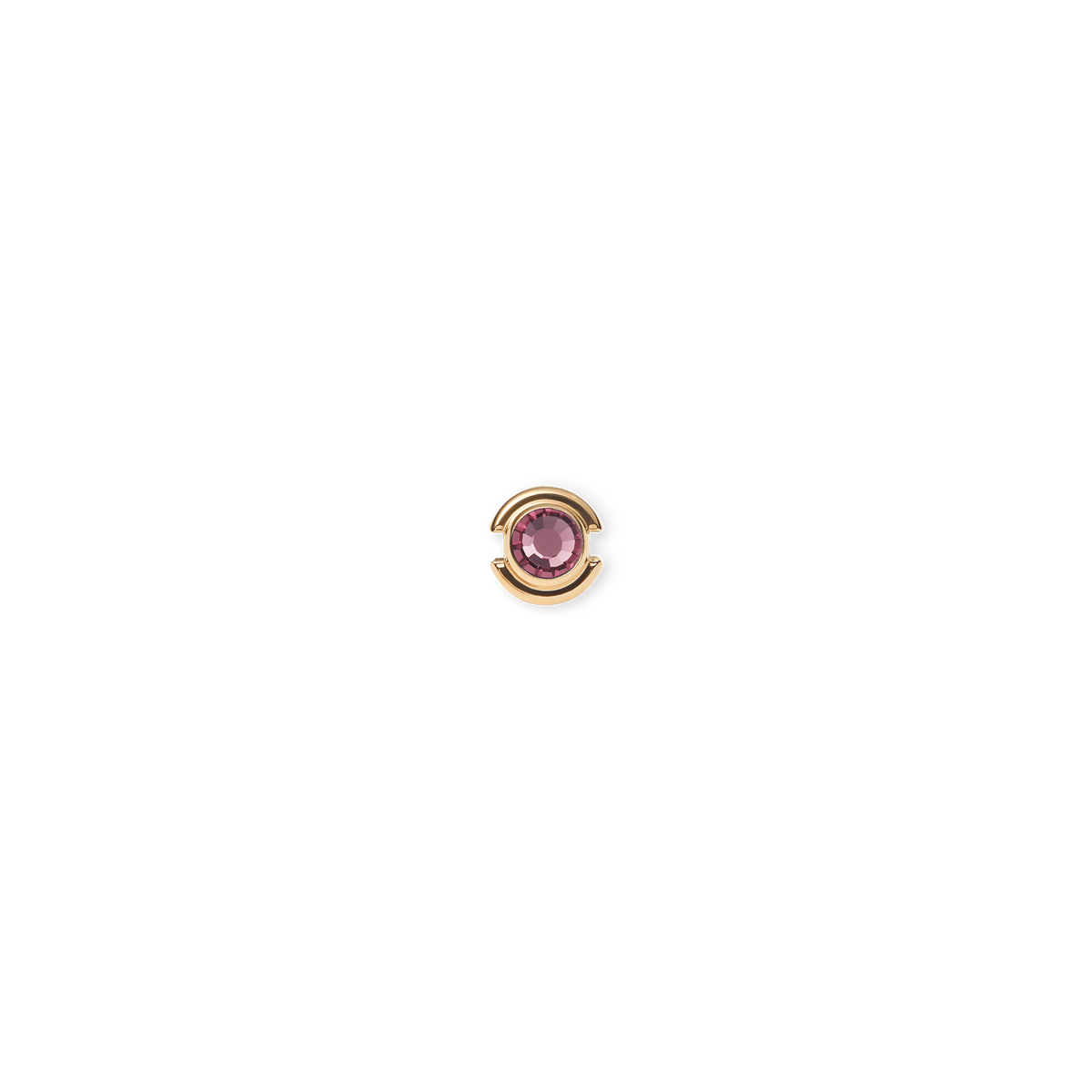 Petite gold February birthstone charm featuring a round purple crystal set in polished PVD gold plated stainless steel, designed for necklaces or bracelets.