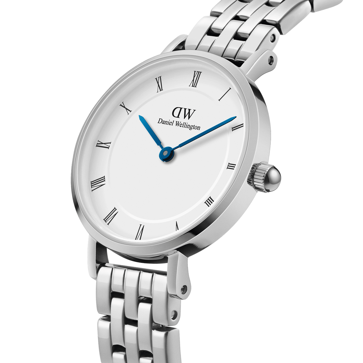 Petite Roman Numerals 5-Link Silver watch with white dial, blue hands, and polished stainless steel bracelet by Daniel Wellington.