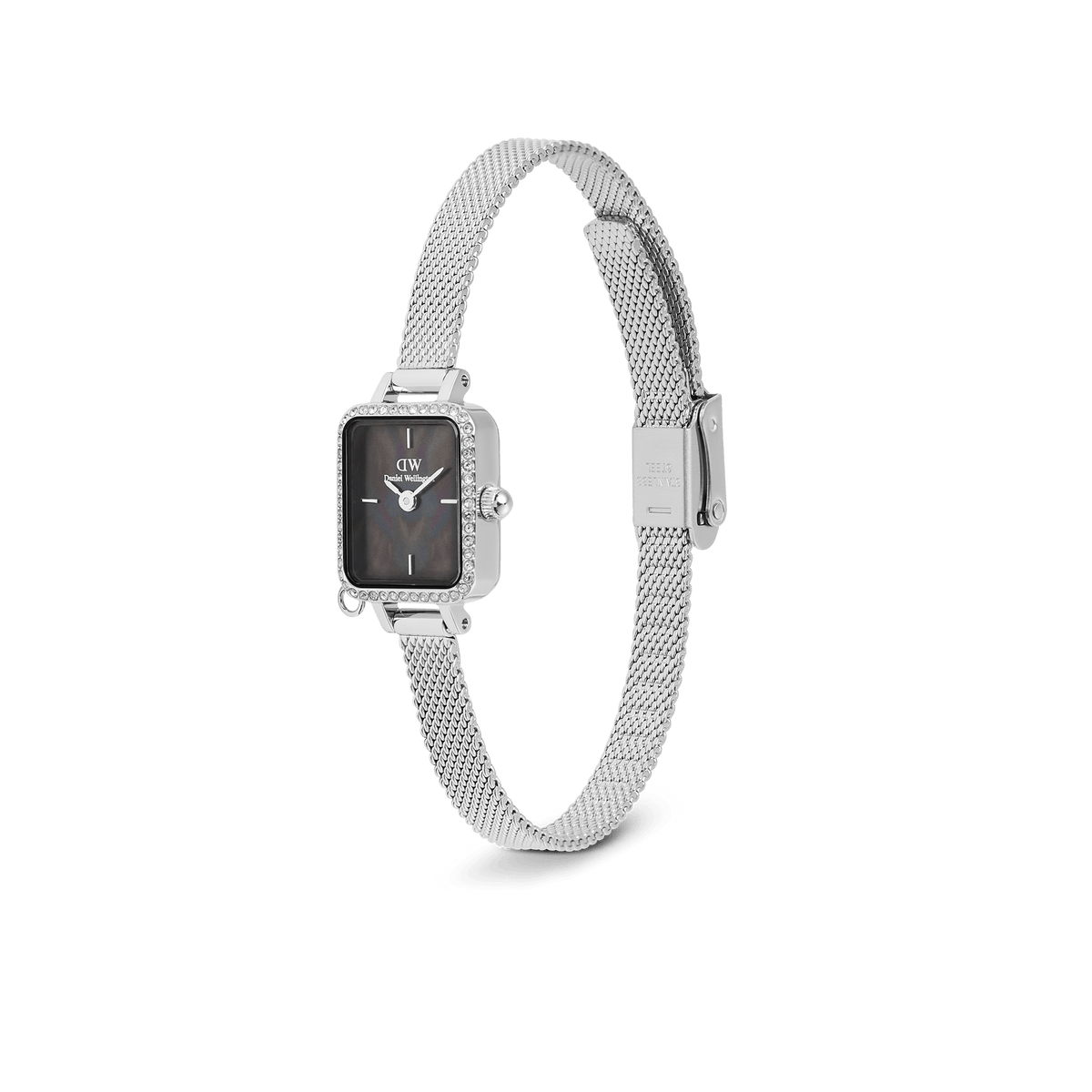 Quadro Mini Crystal Zodiac Sterling Set featuring a rectangular black mother of pearl dial, crystal-set bezel, and an adjustable silver mesh strap with a secure clasp, offering a refined and modern look.