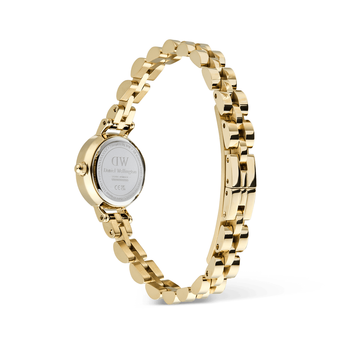 Petite Mini Arch 3-link White Gold watch viewed from the back, highlighting the polished rose gold arched 3-link bracelet, engraved case back, and button-less butterfly clasp.