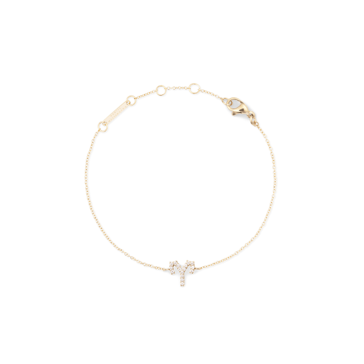 Slim gold chain bracelet with an Aries zodiac pendant embellished with sparkling crystals and an adjustable clasp.