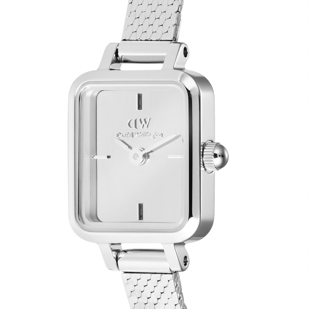 Close-up of Quadro Mini Reflection Silver watch featuring a rectangular mirror dial and polished stainless steel mesh strap.