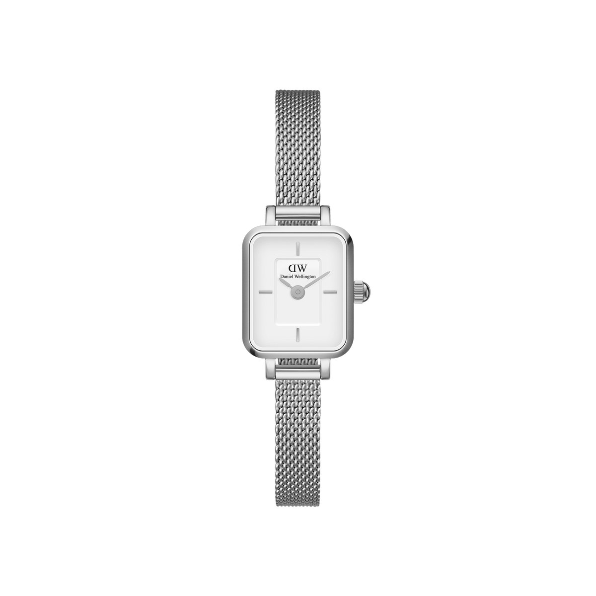 Quadro Mini Sterling women’s silver watch with rectangular white dial and fine stainless steel mesh strap, minimalist design.