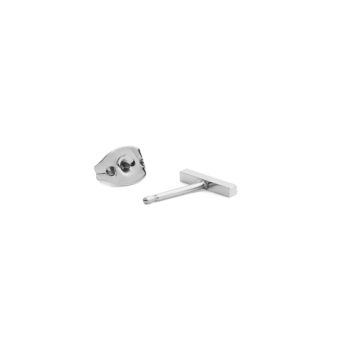 Crystal Bar Stud Silver earring shown from the side with its secure butterfly back, highlighting the slim polished bar and minimalist design.