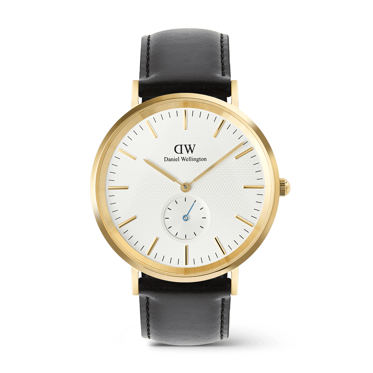 Classic gold Daniel Wellington watch with an off-white sunray dial, blue-tipped sub-second hand, gold hour markers, and a black leather strap. The minimalist design features a round gold-plated case and a semi-transparent triangular pattern on the dial.