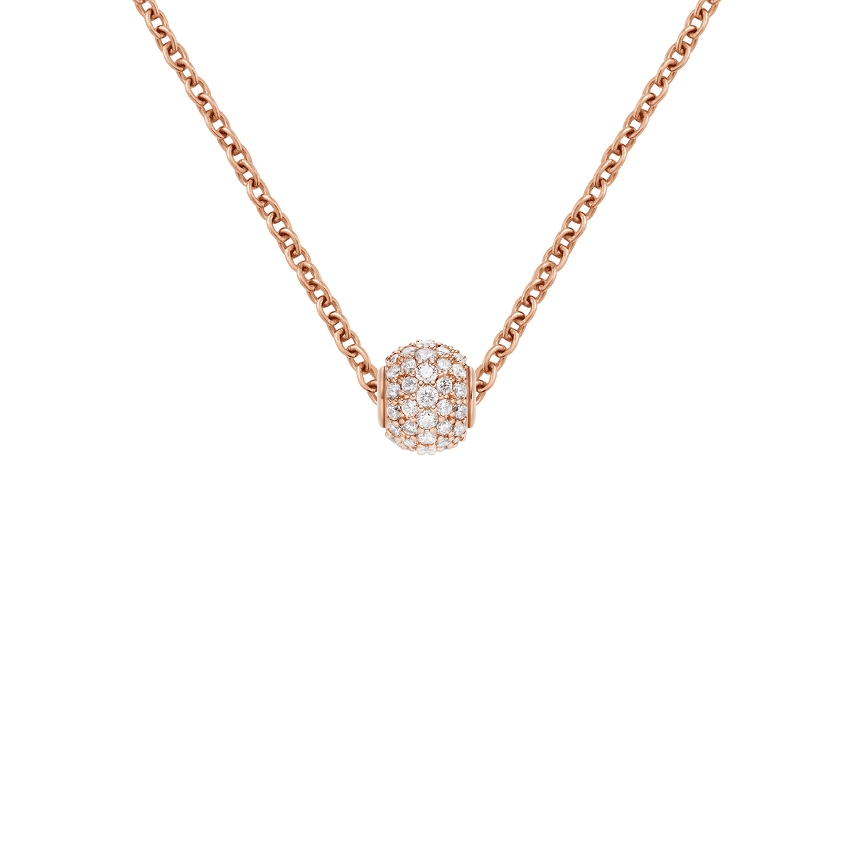 Rose gold necklace featuring a pavé orb charm set with white crystals, offering a sophisticated and modern accent for personalising your jewellery collection.