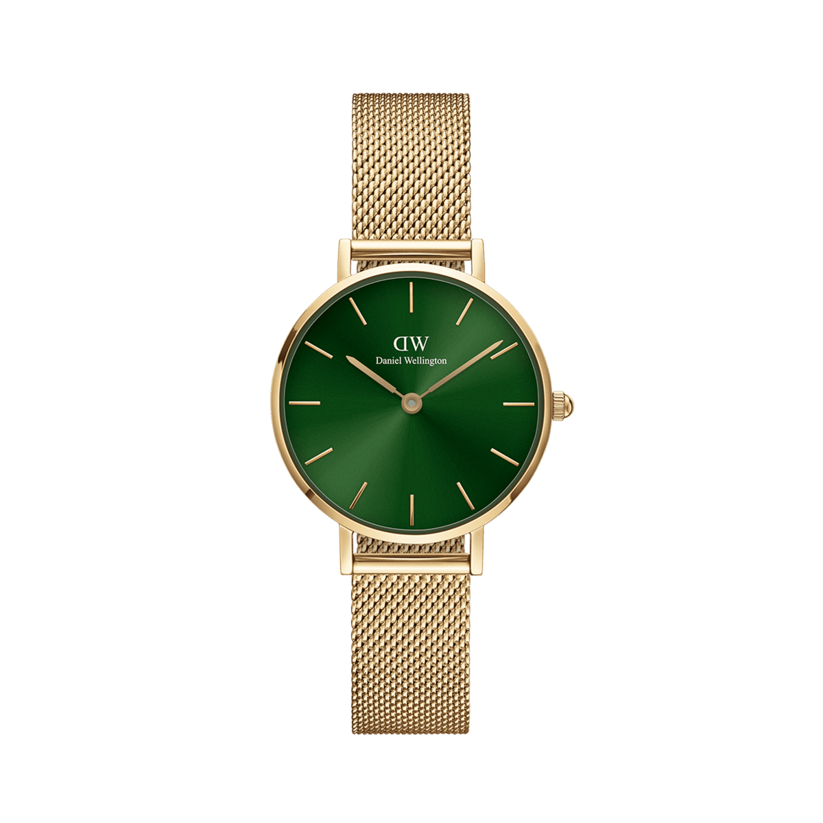 Petite Emerald Gold women’s watch with emerald green sunray dial and gold mesh strap, elegant minimalist style.