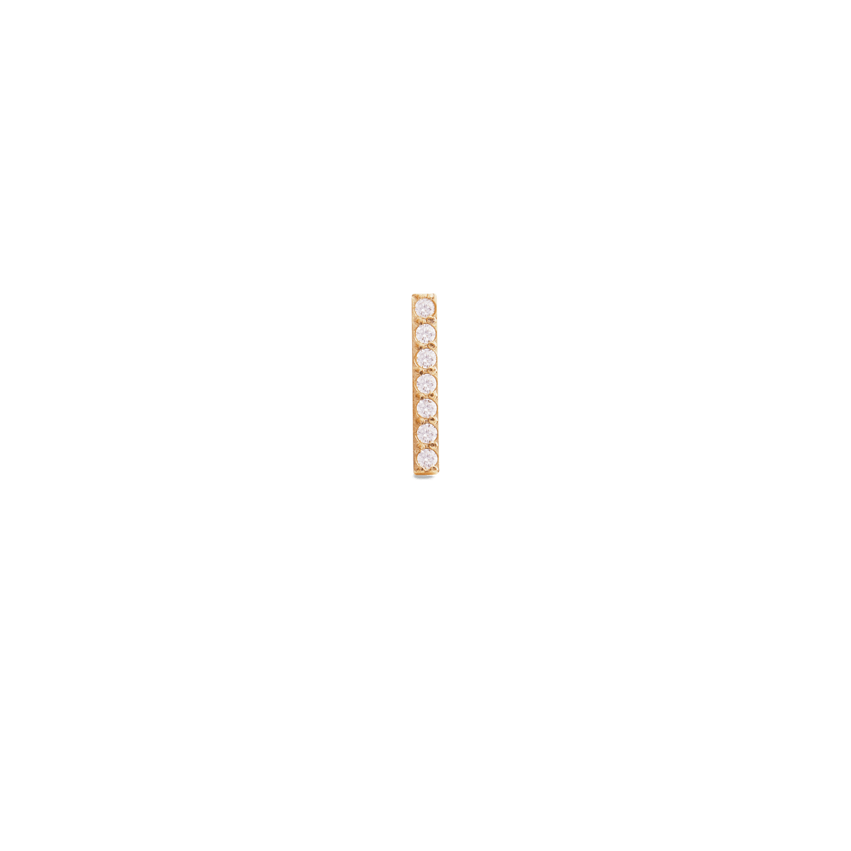 Slim gold bar stud earring featuring seven sparkling cubic zirconia crystals in a minimalist vertical design.